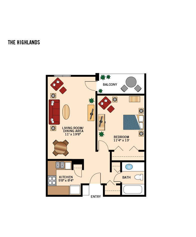 The Fountains at Millbrook one bedroom apartment floor plan.