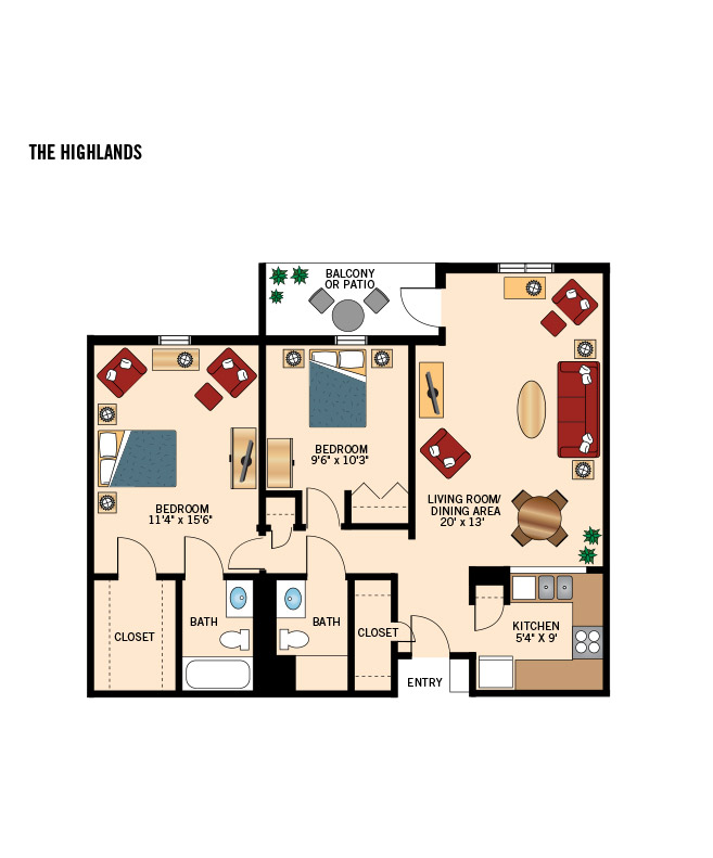 The Fountains at Millbrook two bedroom apartment floor plan.