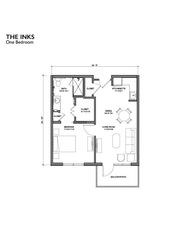 One bedroom apartment floor plan.