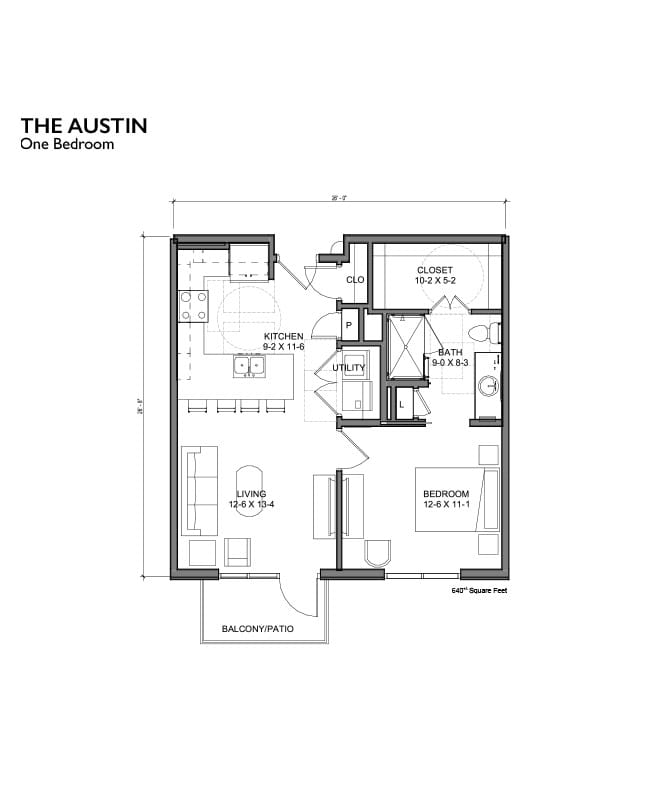 One bedroom apartment floor plan.