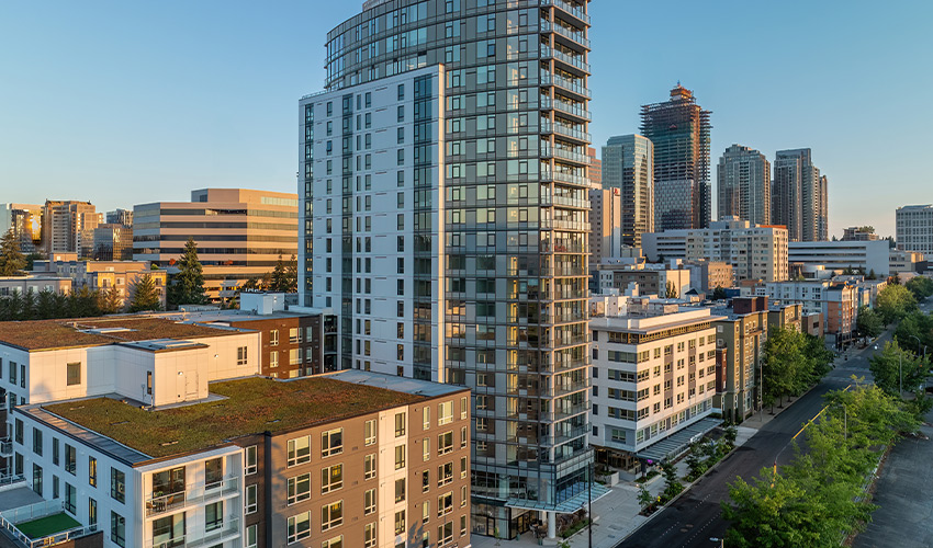 A cityscape with tall buildings.